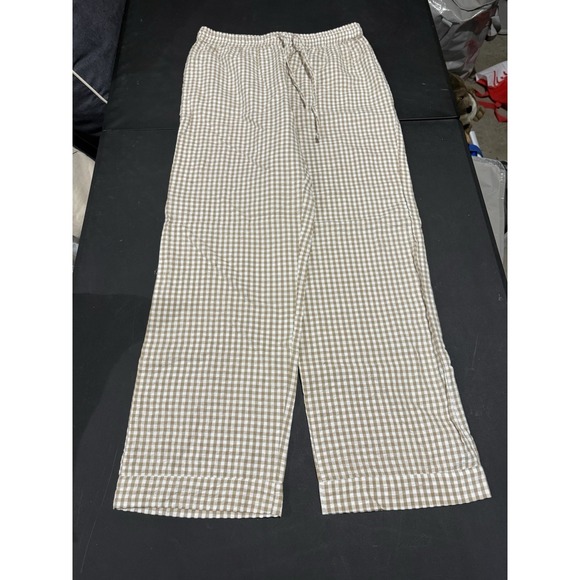 Mng Casual Pants - MNG Tan Brown Gingham Checkered Lounge Wide Leg Pants Women's Size M 100% Cotton